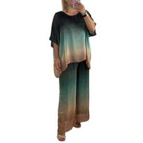 Summer Plus Size 2 Piece Sets for Women Crew Neck Short Sleeve Top Wide Leg Pants Set Casual Loose Lounge Outfits S jūros mėlyna spalva