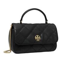 Tory Burch Willa Gold Label Round Three-Piece Double T Logo Diamond Quilted Suede Goat Leather Crossbody Tote Mini Women Handbags Black 167621-001 Shopping Bag Set(Basic Set+Shopping Bag)