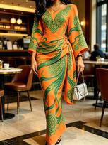 Moterų oranžinė žalia paisley rašto ilga suknelė kimono rankovėmis V formos iškirpte surišama juosmeniu aptempta elegantiška suknelė XS