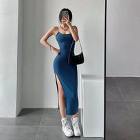 Rimocy 2024 New Sexy Sleeveless Slim Long Dress Women Party Club High Split Spaghetti Strap Dresses Woman Bodycon Dress Female S mėlyna