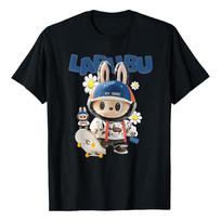 Labubu cute printed women's fashionable blouse T-shirt round neck loose sports casual short sleeve S