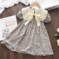 Big Lapel Bow Floral Skirt Summer Korean Style Girls Children's Clothing Doll Collar Dress Puff Sleeves Waist Princess Skirt 90cm geltona