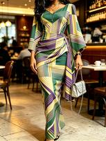 Moterų žalia, violetinė, geltona geometrinio rašto ilga suknelė, kimono rankovėmis, V formos iškirpte, surišama juosmeniu, figūrą pabrėžianti, elegantiška suknelė XS