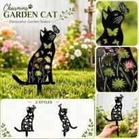 2 Pack Outdoor Garden Stakes Cat Design Metal Lawn Decorations Yard Art Sculptures with Floral and Butterfly Patterns for Patio and Garden Display One Size black