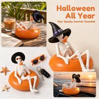 18cm Skeleton Frame Float Halloween Decoration Sitting Skeleton Figure with Witch Hat and Drink Prop for Indoor Outdoor Display One Size black