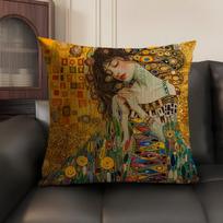 G-Gustav Klimt Oil Art Cushion Cover Natural Linen Organic Fabric Double-Sided Printing Sofa Home Decor Gift Pillow Case Peach skin 18*18(CM)-1Pcs brown