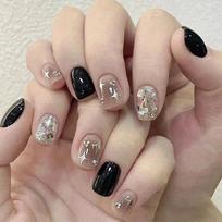24 vnt./komplektas Quick Nails Black Glitter Diamond Short Section netikrų nagų lipdukas Nešiojami vandeniui atsparūs manikiūro baigti nagai gray