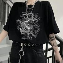 Korėjietiškas mielas drakonų pankrokas gotikiniai rūbai trumpomis rankovėmis hiphopo vintažinė spauda Harajuku moterims L juoda