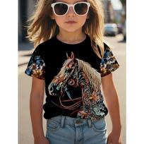SHEIN Young Girl Casual Cartoon Horse & Floral Print Round Neck Short Sleeve T-Shirt, Suitable For Summer 100CM