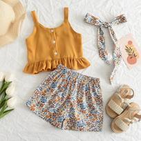 Children's Yellow Suspender Two-piece Summer Girls' Suspender Tops Floral Shorts Children's Summer Clothes 3Y100 geltona