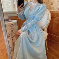 Elegantiška moteriška mėlyna suknelė Vintažinė prancūziško stiliaus pūstos rankovės su pusiau aukšta apykakle, nėriniuota nėriniuota Retro princesės suknelės Vestido Festa S mėlyna
