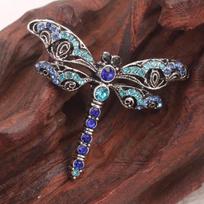 Vintage Silver-Tone Dragonfly Brooch - Blue & Green Rhinestones, Intricate Filigree Design, for Daily Outfits, Ideal Gift