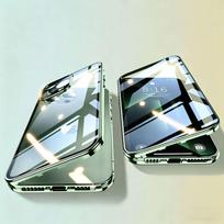 Case for iPhone 16 15 Pro Max 14 13 Plus with Double Sided Tempered-Glass & Metal Frame Phone Bumpers Full Lens Protection Cover for iPhone 14 Plus žalia