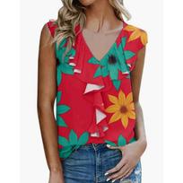 Women's plus size printed chiffon fungus trim T shirt S raudona