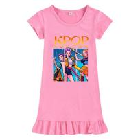 M1211 Kids Girls Kpop Rumi Zoey Mira Print Short Sleeves Ruffle Dress 100cm rožinė