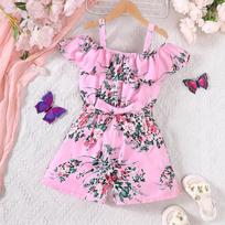 Children's Clothing New Arrival for Girls Summer Resort Style Ruffled Floral Jumpsuit 120cm rožinė