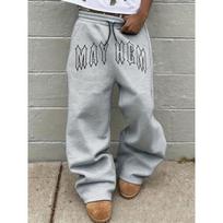 Men's Black Wide Leg Sweatpants with White Tribal Flame Prints Drawstring Waist Loose Fit, Streetwear Style, Casual Comfort S