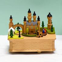Wholesale Mechanical Music Boxes European Castle Design with Movable Carriage Rotating Wooden Craft Spring Powered by Europe (as the picture,15.6*11.5*14.5cm)