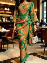 Moterų žalia oranžinė paisley rašto ilga suknelė kimono rankovėmis V formos iškirpte surišama juosmeniu aptempta elegantiška suknelė XS