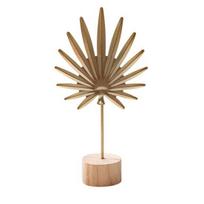 DYS Metal Leaf Ornaments, Gold Palm Leaf, Ginkgo Feather Statue with Wood Base, Modern Desktop Sculpture for Living Room, Bookshelf, Office Desk Decor E