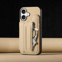Wrist Strap Flip Wallet with Card Holder Cover for IPhone 16E 16 Plus 15 14 13 12 11 Pro Max X XS Leather Phone Case IPHONE 7 chaki