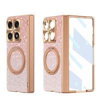 Magnetic Glitter Leather Case For Motorola Razr Fold Luxury Plating Bumper Glass Screen Protector Film 360 Rotating Ring Stand Cover Motorola Razr Fold rožinė