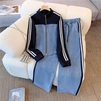 Women Denim 2 Piece Set Striped Long Jacket Lace Up Washed Distressed Wide Leg Pant Autumn Female Streetwear Matching Sets M juoda