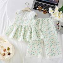 Cute Korean Style Little Girls Floral Cami And Shorts Two Piece Summer Outfit 80cm žalia