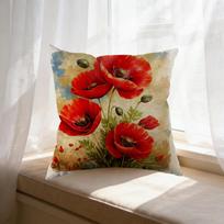 Dekoratyvinė pagalvė su aguonų žiedais Raudonas gėlių raštas su žaliais lapeliais ir sėklomis Svetainei Miegamajam Peach skin 18*18(CM)-1Pcs beige