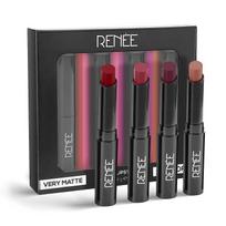 RENEE Very Matte – 4 matinių lūpų dažų pakuotė | Intensyvi spalva pasiteisina, pilnai dengianti ilgai išliekanti nesvari aksominė formulė