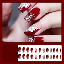 designer fake nails extension wine red color with white 3D flower & golden pearls 24 pieces set with manicure kit gray
