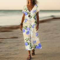 Vasaros suknelė Moteriška ilga Boho paplūdimio suknelė Elegantiška Maxi suknelė V formos iškirpte Trumpomis rankovėmis Vasarinė tunikos suknelė Lengva, orui laidi L smėlis