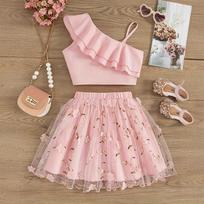 Summer Girls Two-piece Suit Solid Color Sleeveless Oblique Shoulder Ruffle Top Mesh Splicing Skirt One-shoulder Cover 90cm rožinė