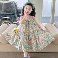 Floral Vest Dress Cool Pure Cotton Printed Middle and Large Children Primary School Kindergarten Korean Style Cotton Skirt 110cm žalia