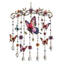Outdoor Garden Wind Chime Metal Butterfly Decoration Hanging Ornament with Crystals and Floral Design for Patio Porch Yard One Size