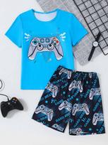 Boys 2 Piece Clothing Sets, Game Controller Print T-Shirt & Shorts Color Block Casual Color Block for Kids Size 8-12Y 8Y tamsiai mėlyna spalva
