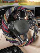 1 vnt. Bohemiško etninio stiliaus automobilio vairo užvalkalas, 38 cm Universalus pritaikymas, Spalvingas liną primenantis poliesteris, Be vidinio žiedo, Lengva montuoti, Ne
