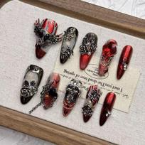 Handmade Cat Eye Press-On Nails In Dark Red With Black Fringe Long Style Reusable Artificial Women Girls Large