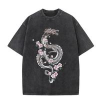 Dragons Flower print T Shirt Vintage Washed T-shirt Summer Retro Men Short Sleeve Distressed Tops Tees ropa hombre S