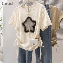 Women's Round Neck Drawstring Cropped T-Shirt M abrikosas