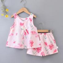 Children's Cotton Silk Suit Summer Thin Girl Baby Sleeveless Shorts Vest Cotton Silk Home Clothing Two-piece Set 90 rožinė