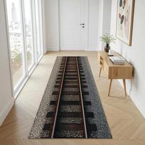 Koridoriaus takas 3D retro geležinkelio bėgių rašto kilimas Neslystantis lengvai valomas pramoninis retro geležinkelių entuziastų dekoras namų kilimėlis 40X120CM gray