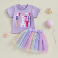 Citgeett Symmer Kids Toddler Girl Birthday Outfit Letter Embroidery Short Sleeve Tops Colorful Tulle Skirt Clothes Set 2-3Y gray