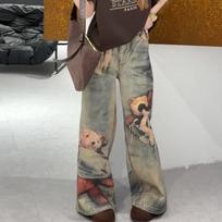 GlowGir Women's Baggy  Jeans Print Graphic Denim Pants Harajuku Cowboy Tie Dye High Street 2000s High Street Tide Stylish Design New S mėlyna
