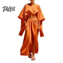 Women Relaxed Fit Suit Summer 2 Piece Outfits, Batwing Half Sleeve Crop Top Breathable Clothing And High Slit Maxi Skirt Travel Vacation Matching Sets S oranžinė