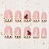 10pcs Handmade Press-On Nails Short Style French Tip With Polka Dot Ladybug Design In Nude Pink Cream Yellow Women Small