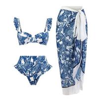 3Pcs/Set Women Bikini with Beach Cover-Up Skirt Bohemia Style Ruffle Sleeve Bandeau Bra High Waist S mėlyna