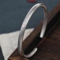 Zuyin 999 Vintage Leaf Opening Feather Round Belly Silver Bracelet Personalized Pure Silver Jewelry for Girlfriend's Birthday Gift Adjustable size
