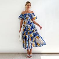 Moteriška vasarinė mados spaudos suknelė su klostėmis trumpomis rankovėmis iki kulkšnies ilgio be petnešėlių XL beige