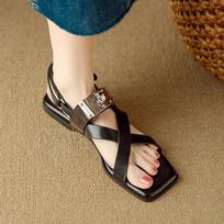 Fashion 2024 New Sandals Women Genuine Cow Leather Metal  Strap Summer Beach Ladies Low Heel Casual Shoes Handmade 35 juoda